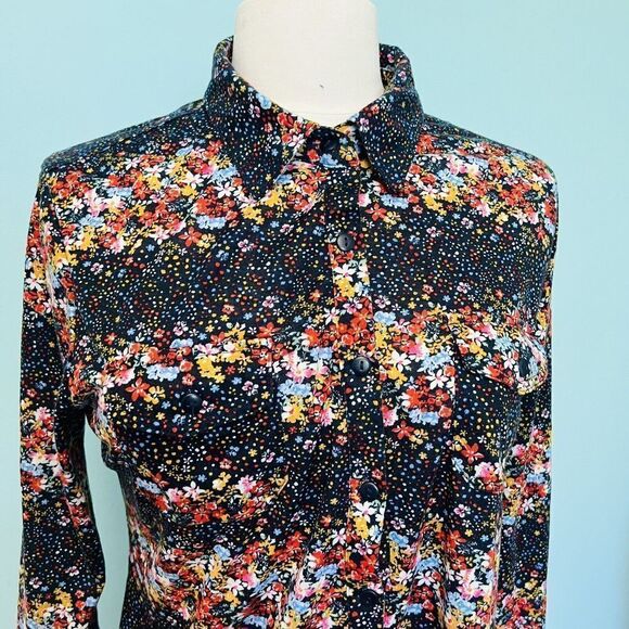 Eden & Olivia M Black Floral Flower Button Down Top Comfy Roll Up Sleeves 0767 - Picture 6 of 13